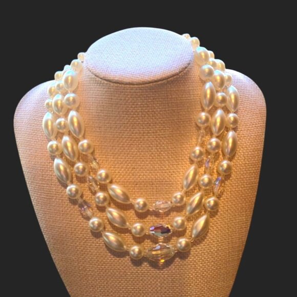 Vintage Laguna Necklace Faux Pearl & Aurora borealis crystal 3 strand choker - Picture 2 of 8